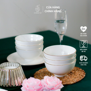  Bộ bát cơm viền vàng thật 12k sứ Minh Châu 6 và 10 món - Set chén ăn cơm trắng trơn kẻ vàng cao cấp - Vỡ 1 đổi 1 