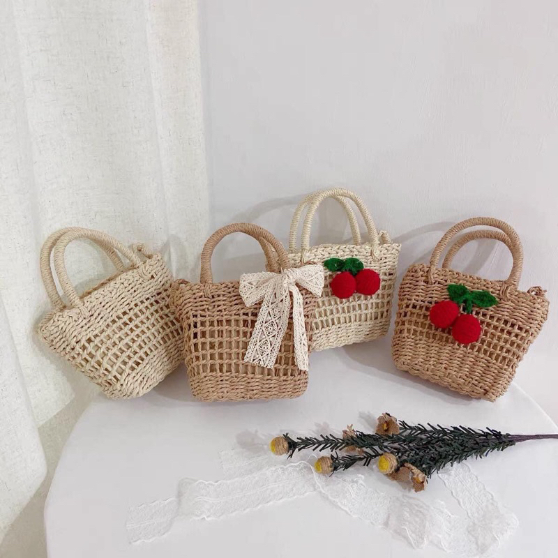 Túi cói đan tay đeo chéo thắt nơ ren Túi rơm đan thủ công siêu xinh cho bạn gái đi chơi đi du lịch chụp hình sống ảo