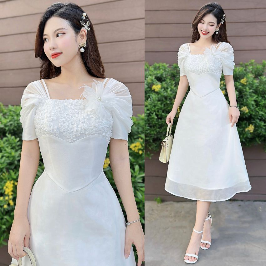 Đầm trắng đi tiệc tay phối tơ cao cấp, tặng hoa đính - XU XU SHOP - Váy nữ phối 3 loại vải cực sang trọng lên chuẩn form