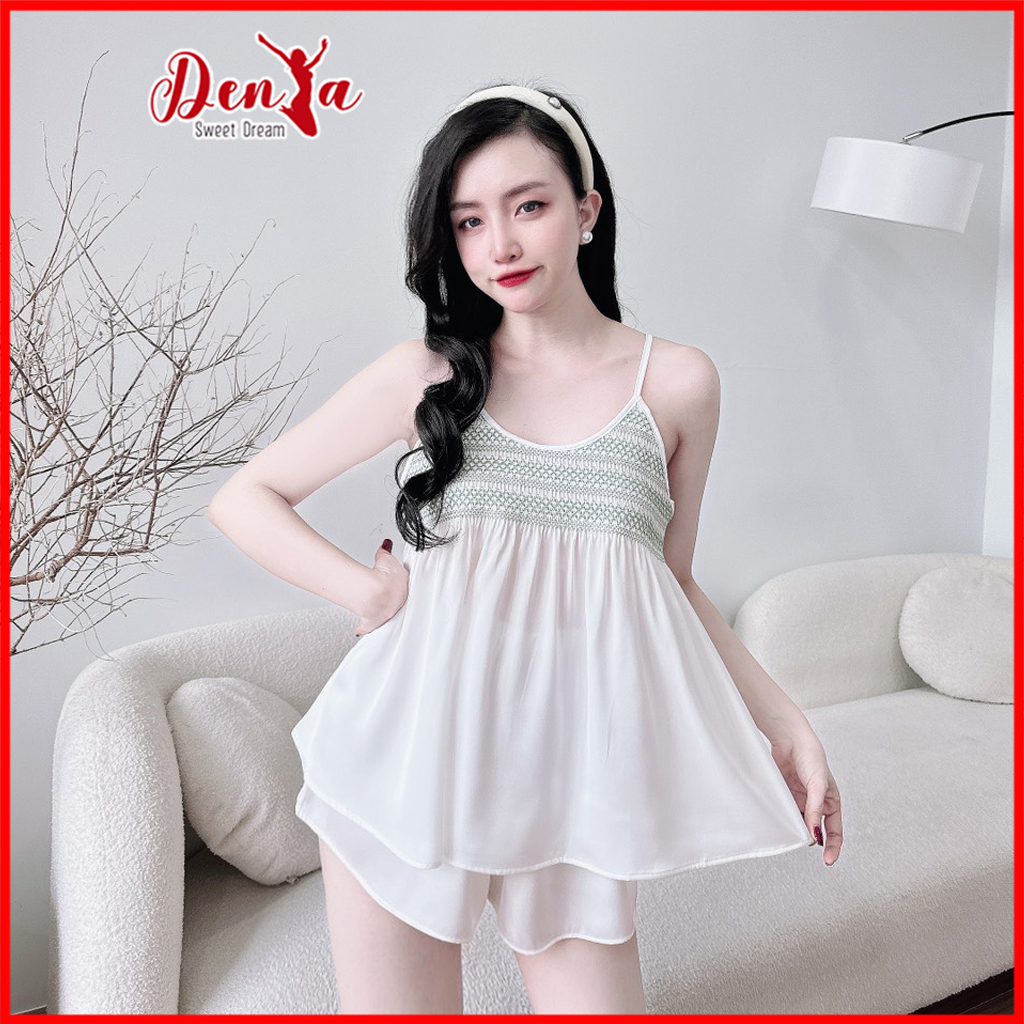 Đồ ngủ bộ nữ hai dây chất latin phối ren không mút có tăng đơ kiểu dáng babydoll phong cách bánh bèo dễ thương DNTK4