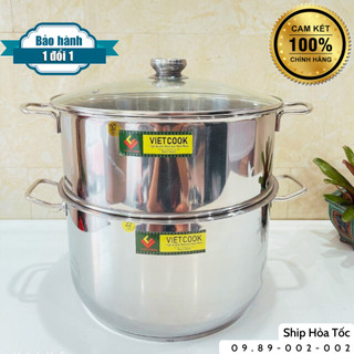 Bộ nồi xửng hấp inox 2 tầng nắp kính và nắp inox đun bếp từ Vietcook size 24,26,28,30,32 , chõ hấp đồ xôi