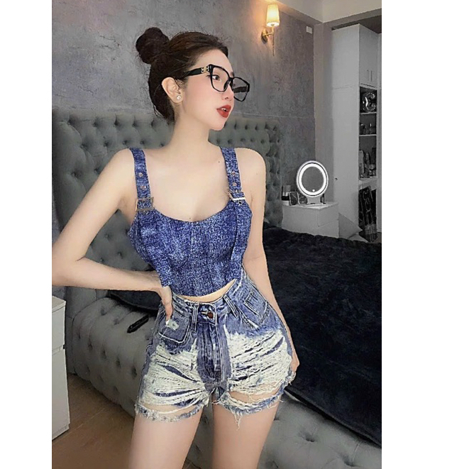 Áo jean cúp ngực 2 dây có mút, áo croptop jean loang body tôn dáng G344 | BigBuy360 - bigbuy360.vn