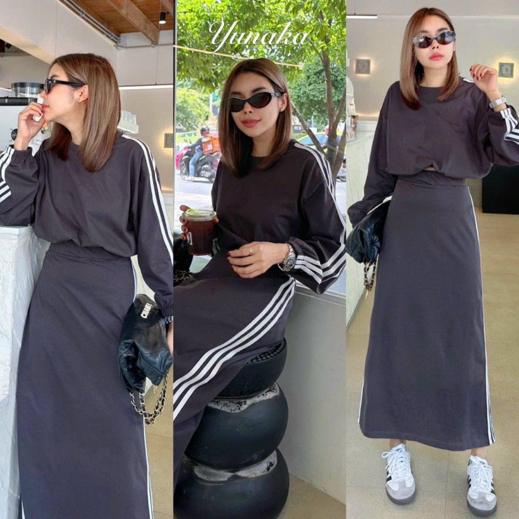 Set váy thun thể thao nữ, set áo thun tay dài cổ tròn croptop mix chân váy dài qua gối phối viền 3 sọc phong cách dx