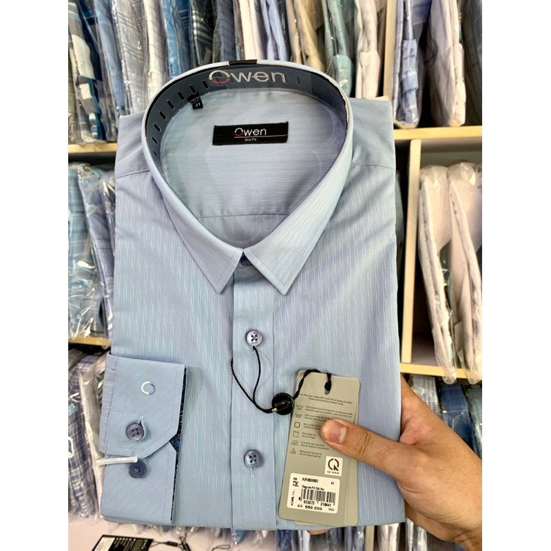 OWEN - Sơ mi dài tay xanh sáng vân sọc dáng Slimfit