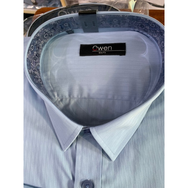 OWEN - Sơ mi dài tay xanh sáng vân sọc dáng Slimfit