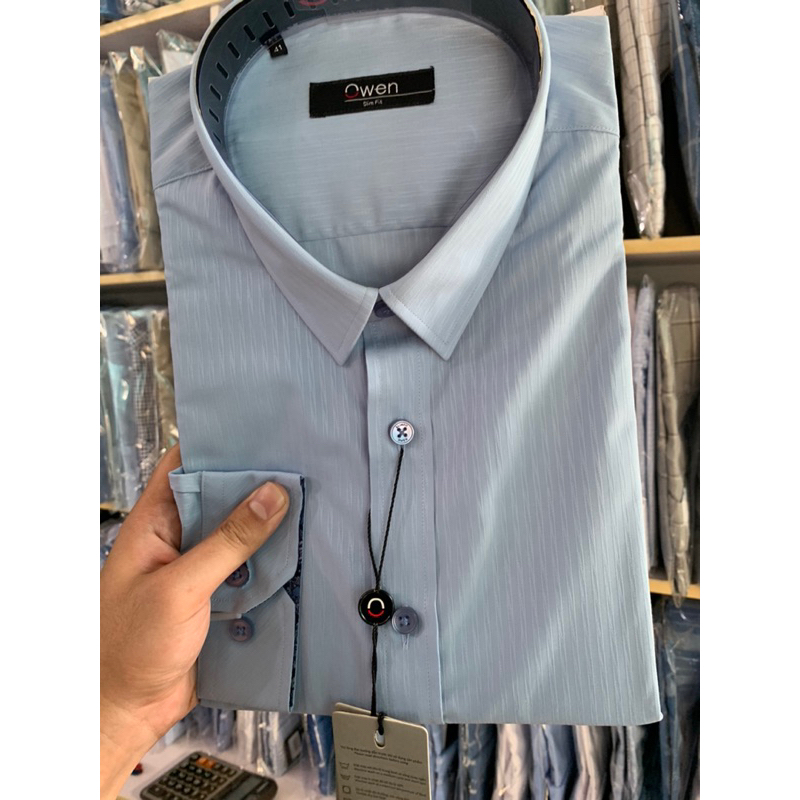 OWEN - Sơ mi dài tay xanh sáng vân sọc dáng Slimfit