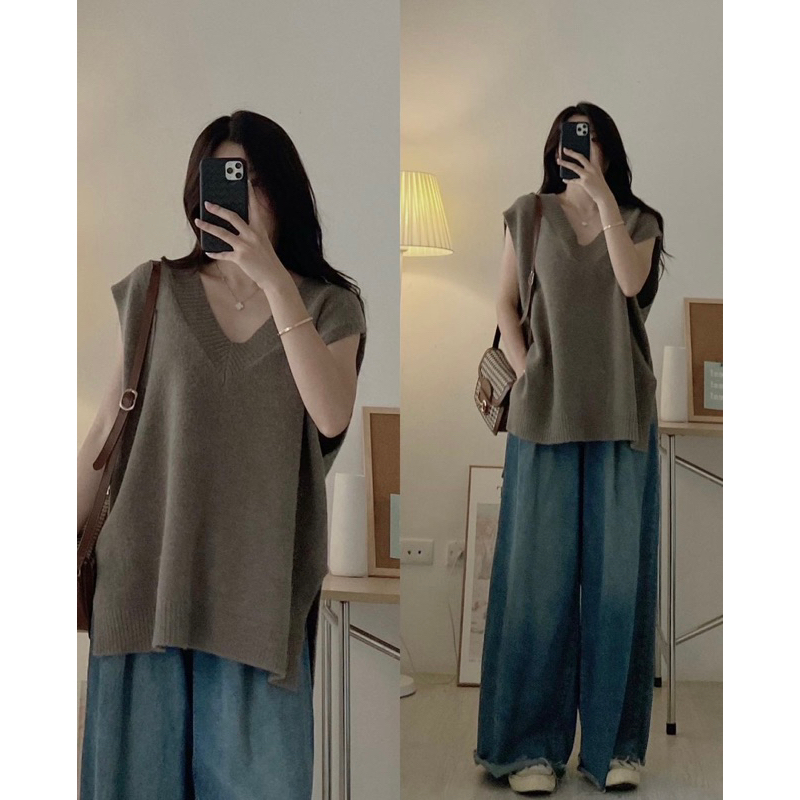 Áo gile len L04 xẻ tà trơn form rộng, áo len phong cách Hàn quốc năng động.