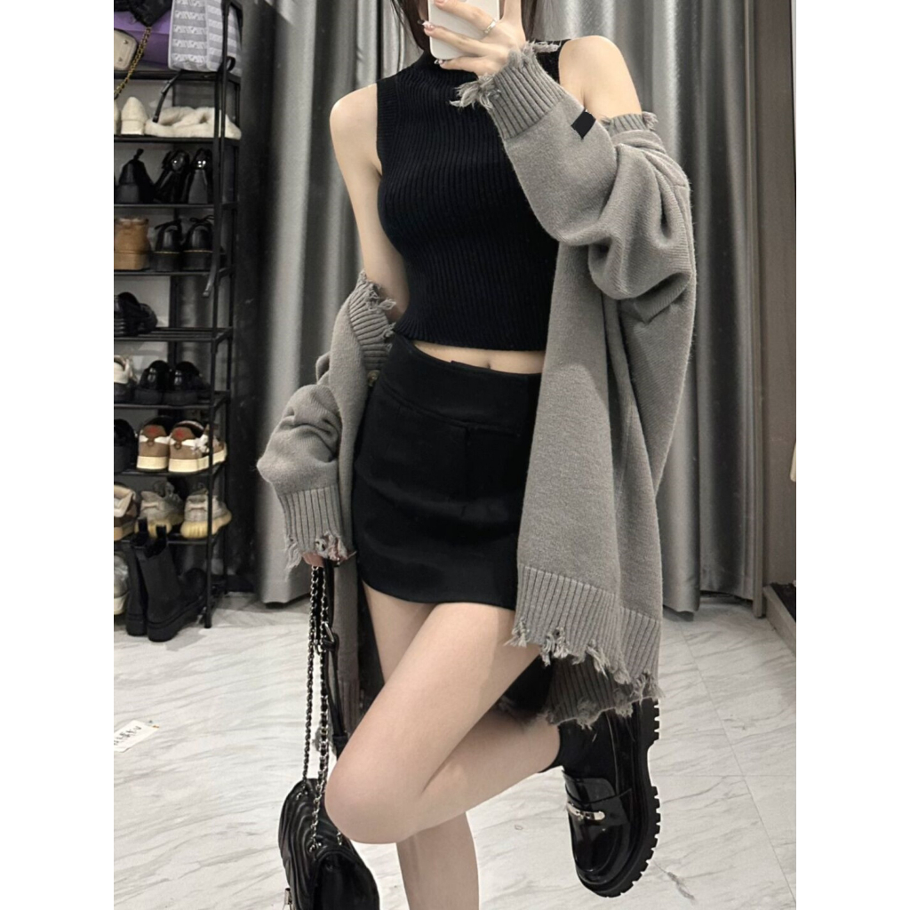 Áo cardigan len rách tag đen 3 màu hàng QC