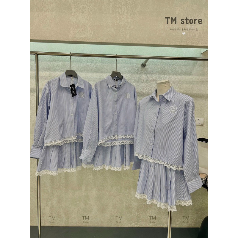 Set áo sơ mi sọc tay dài phối chân váy xoè viền ren