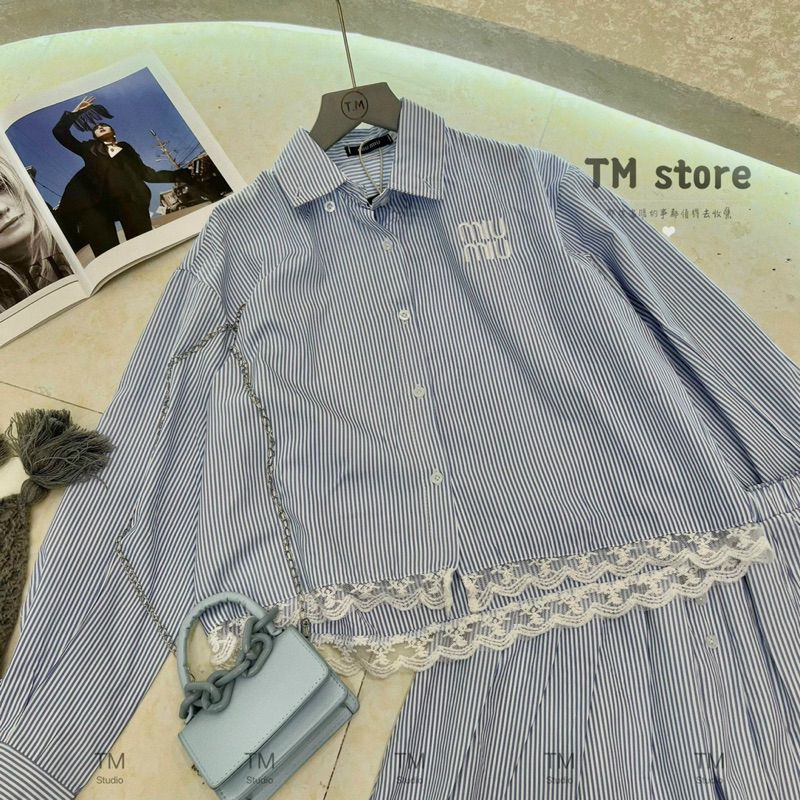 Set áo sơ mi sọc tay dài phối chân váy xoè viền ren