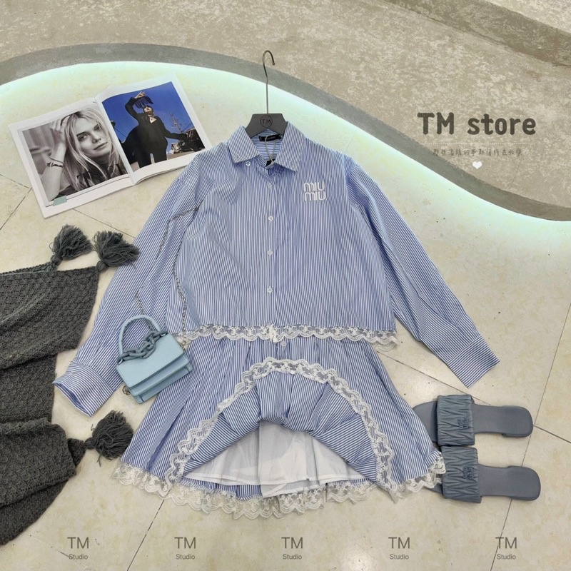 Set áo sơ mi sọc tay dài phối chân váy xoè viền ren