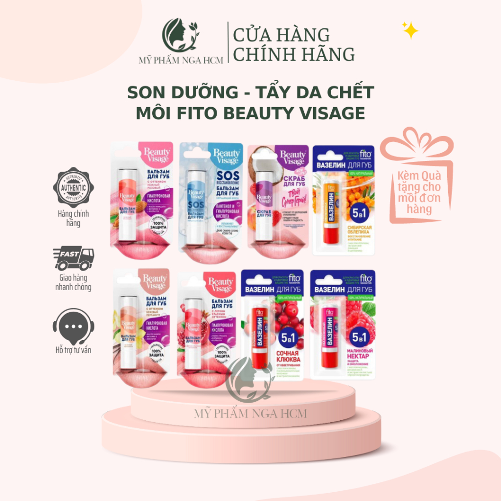Son dưỡng môi, tẩy da chết môi Fito 5in1 và Beauty Visage dưỡng ẩm hồng môi, căng mọng, loại bỏ khô nứt nẻ