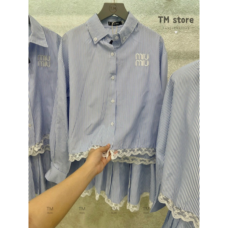 Set áo sơ mi sọc tay dài phối chân váy xoè viền ren