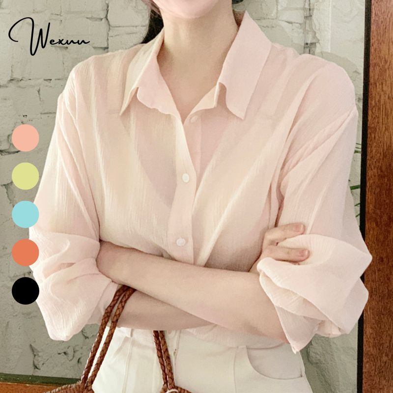 Áo sơ mi nữ dài tay thiết kế dáng rộng basic WEXUU chất voan mỏng nhẹ phong cách ulzzang trẻ trung dễ phối đồ - SP36.01