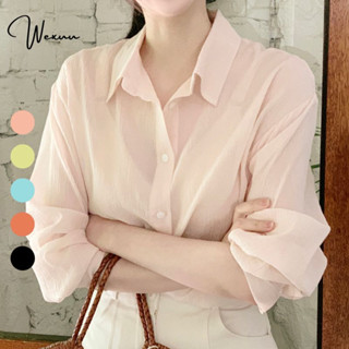 Áo sơ mi nữ dài tay thiết kế dáng rộng basic WEXUU chất voan mỏng nhẹ phong cách ulzzang - SP36.01