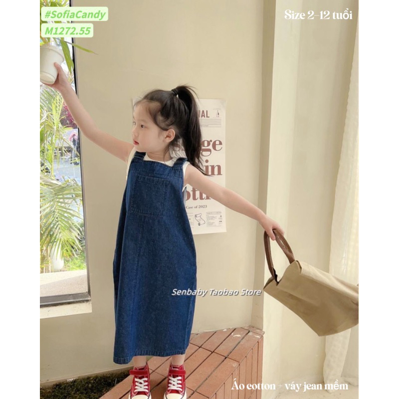 Sét yếm Jean + áo cotton trắng Sofia Candy cho bé gái