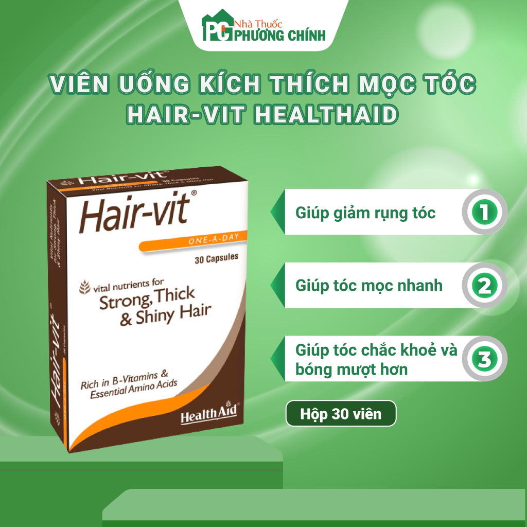 Viên Uống Ngăn Rụng Tóc Và Kích Thích Mọc Tóc HealthAid Hair-Vit - Giúp Tóc Mọc Dày & Bóng Mượt (Hộp 30 viên)