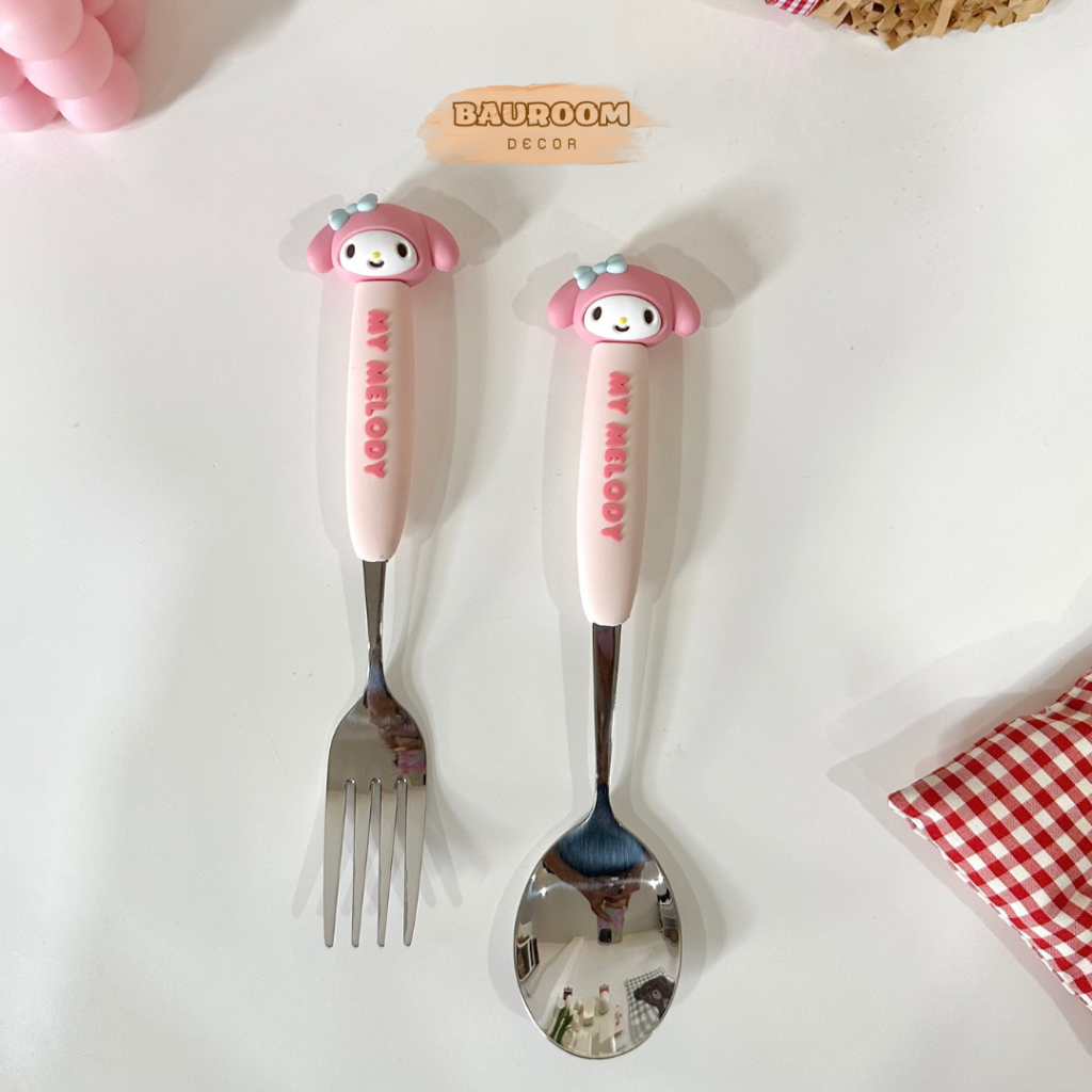 Bộ muỗng nĩa inox cao cấp Bauroom cán silicone an toàn tạo hình đáng yêu có sẵn ảnh thật
