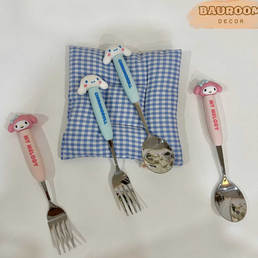 Bộ muỗng nĩa inox cao cấp Bauroom cán silicone an toàn tạo hình đáng yêu có sẵn ảnh thật