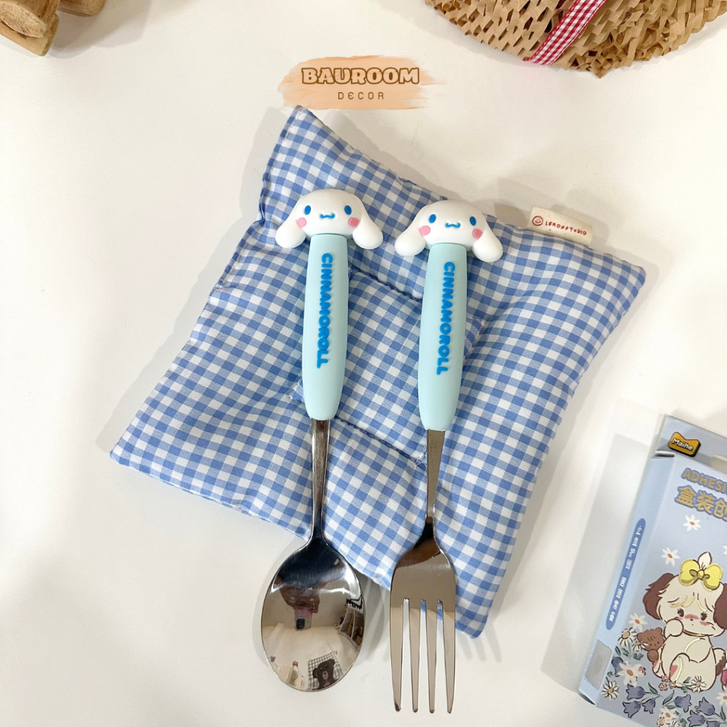 Bộ muỗng nĩa inox cao cấp Bauroom cán silicone an toàn tạo hình đáng yêu có sẵn ảnh thật