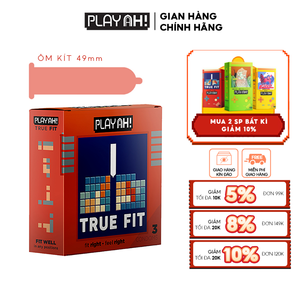 Bao Cao Su PlayAh True Fit Ôm Sát Hộp 3/10 size 49mm size nhỏ vừa vặn