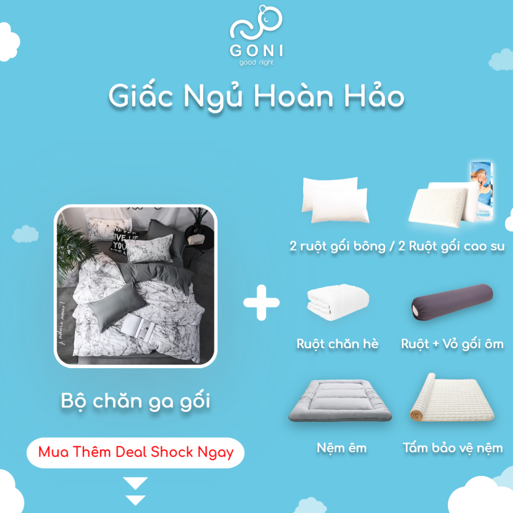 Bộ Chăn Ga Gối Cotton Tici GONI Họa Tiết Trắng Cẩm. Thạch Drap Giường Đủ Kích Thước Trải Nệm Không Kèm Ruột