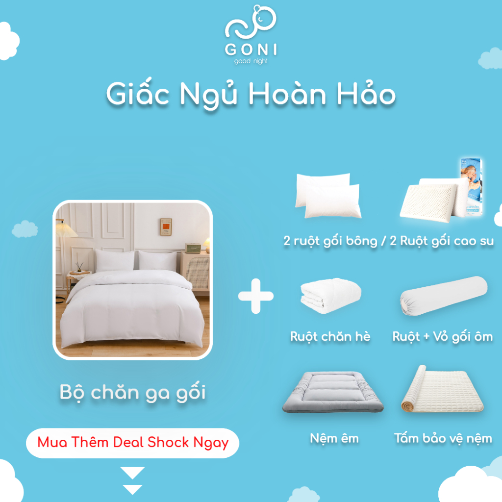 Bộ chăn ga gối màu Trắng trơn cotton tici GONI drap giường phong cách tối giản đủ size drap ga giường