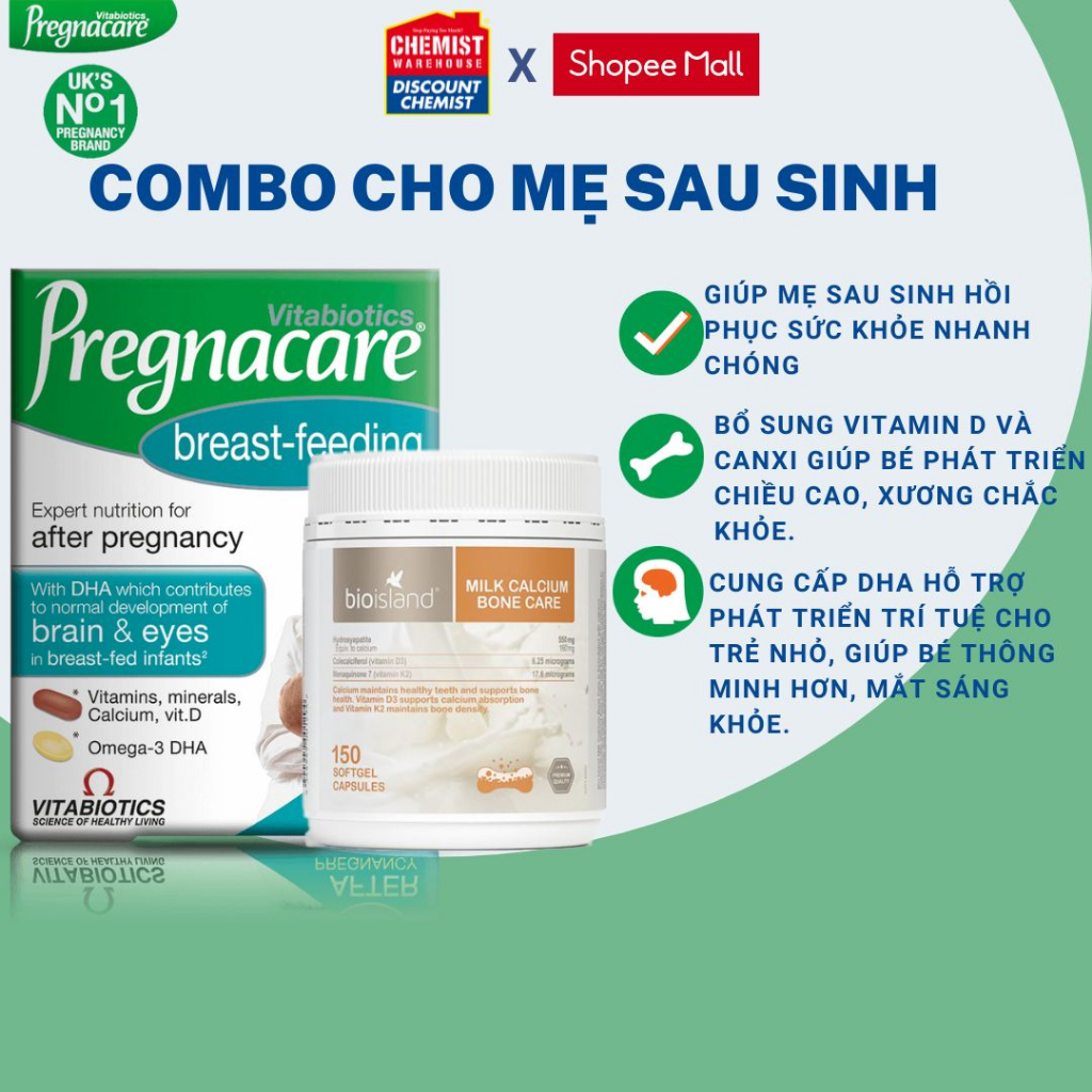 Combo lợi sữa cho mẹ sau sinh Pregnacare Breastfeeding , Canxi Bioisland bổ sung canxi , DHA và các vitamin cho mẹ