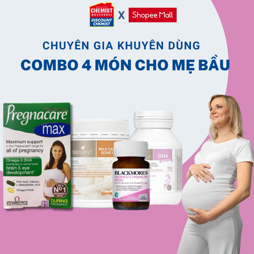 Combo 4 món cho mẹ bầu Pregnacare Max, Canxi và DHA Bioisland, sắt Blackmores chăm sóc sức khỏe toàn diện cho mẹ bầu