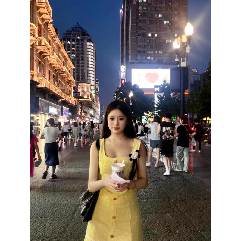 |YELLOWI DRESS| Đầm dạ tweet vàng hoa trà hai dây tiểu thư TLÉA