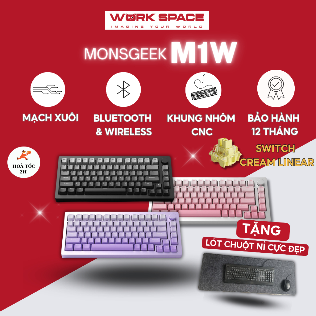 Bàn phím cơ MonsGeek M1W không dây 3 mode, vỏ nhôm CNC , mạch xuôi, gasket mount, led rbg, hostswap