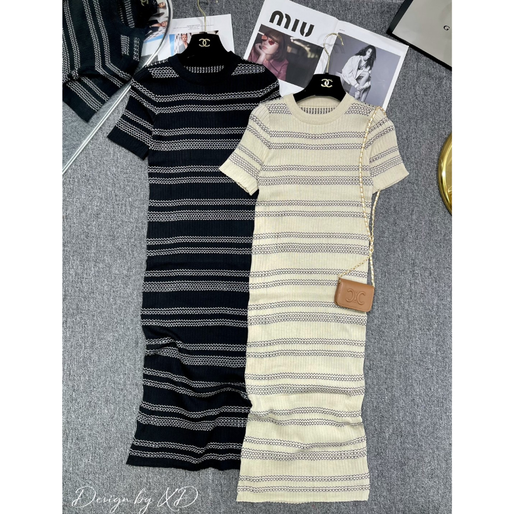 Váy len maxi kẻ new 2023 dáng dài qua gối dáng ôm body  hàng QC