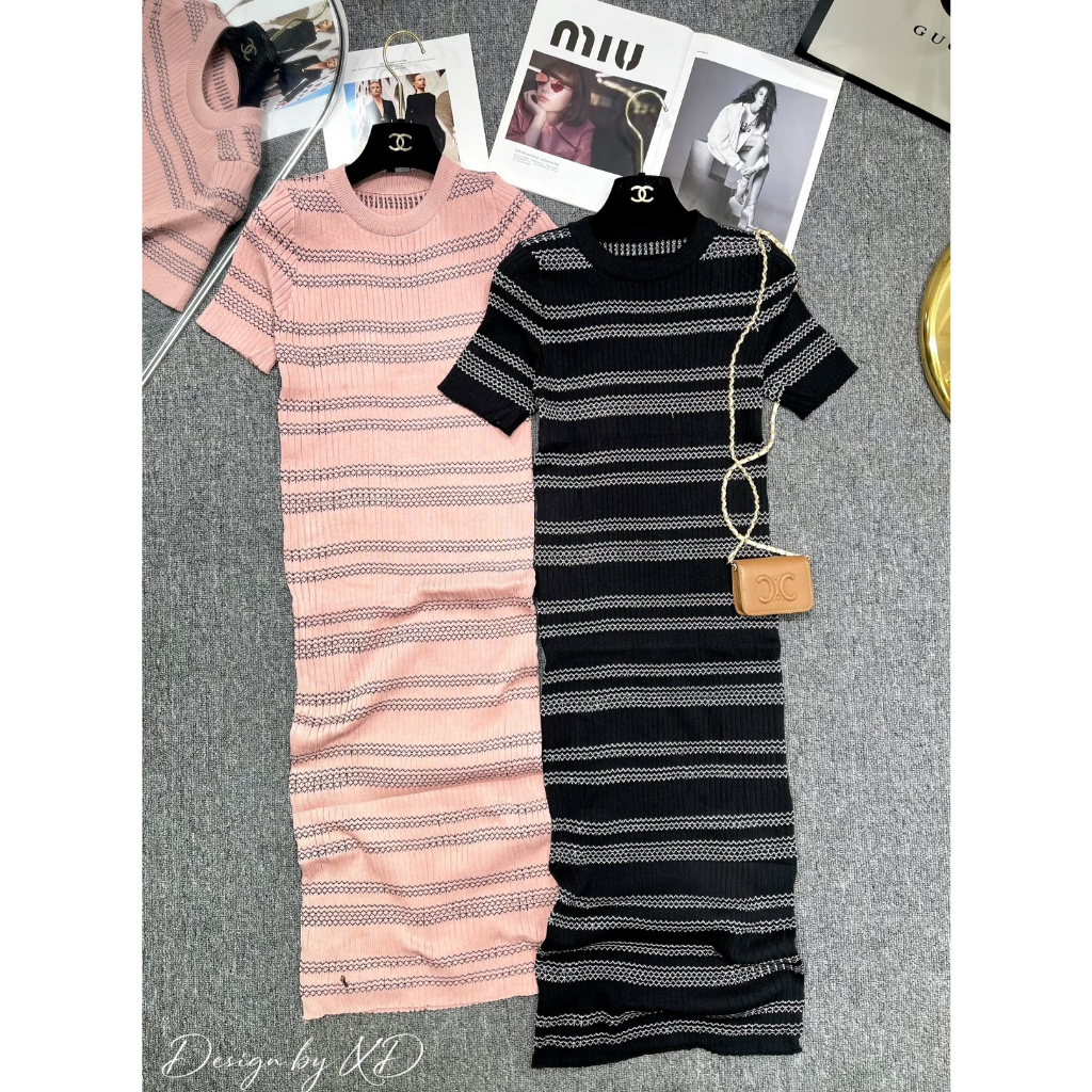 Váy len maxi kẻ new 2023 dáng dài qua gối dáng ôm body  hàng QC