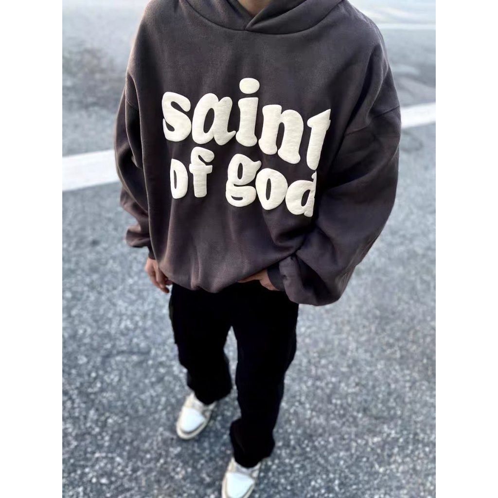 Áo hoodie form rộng unisex màu đen in chữ Saint of god chất liệu nỉ bông mịn ấm áp | BigBuy360 - bigbuy360.vn