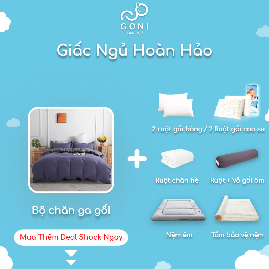 Bộ Chăn Ga Gối Cotton Tici GONI Drap Giường Phối Màu Tím Xám Đủ Kích Thước Trải Nệm Không Kèm Ruột