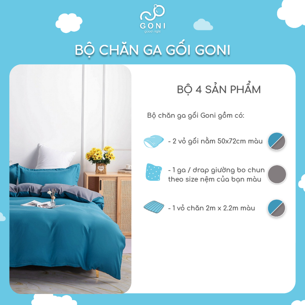 Bộ Chăn Ga Gối Cotton Tici GONI Drap Giường Phối Màu Xanh Nước Biển Xám Đủ Kích Thước Trải Nệm Không Kèm Ruột