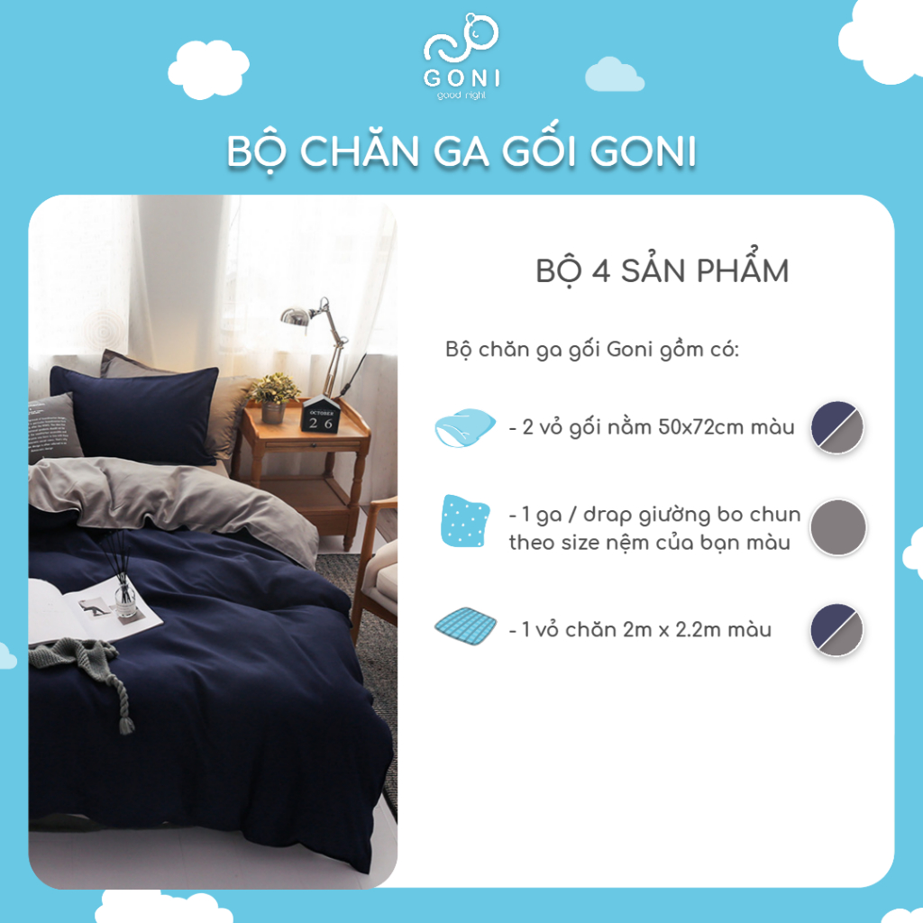 Bộ chăn ga gối cotton tici GONI drap giường phối màu đủ size drap ga giường