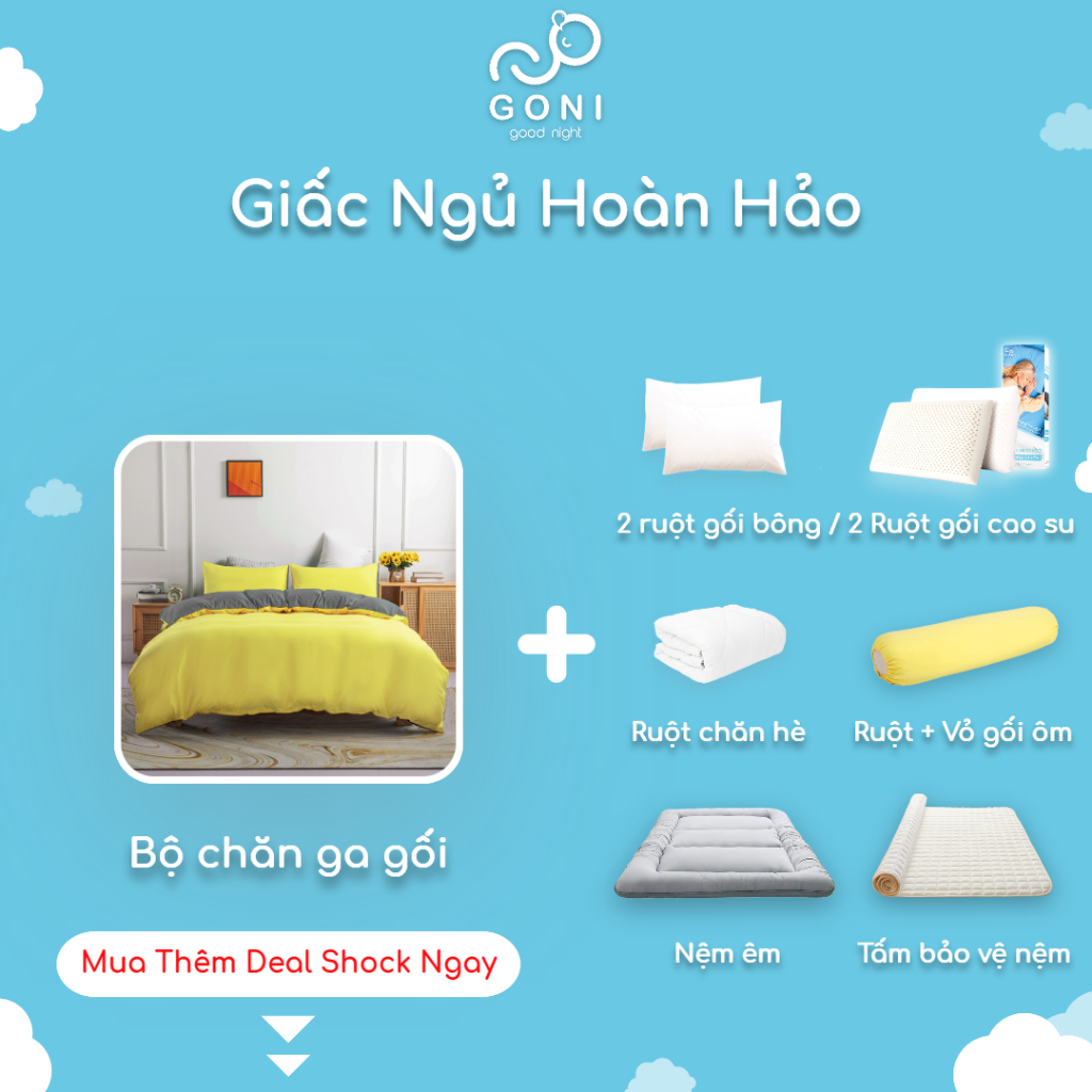 Bộ Chăn Ga Gối Cotton Tici GONI Drap Giường Phối Màu Vàng Xám Đủ Kích Thước Trải Nệm Không Kèm Ruột