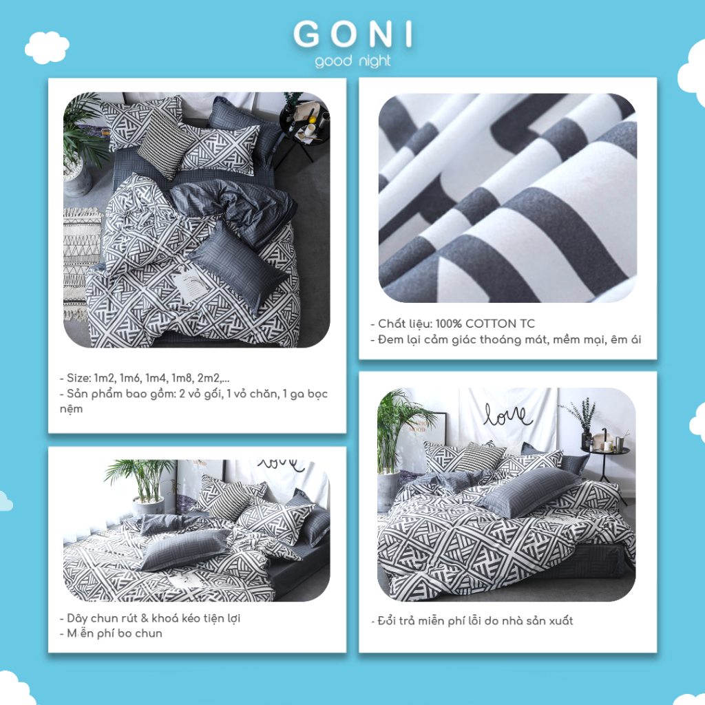 Bộ Chăn Ga Gối Cotton Tici GONI Họa Tiết Hoa Văn Vuông Tinh Tế Drap Giường Đủ Kích Thước Trải Nệm Không Kèm Ruột