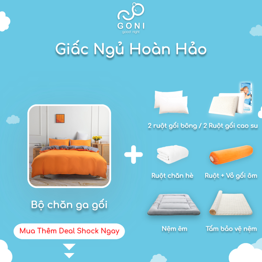 Bộ Chăn Ga Gối Cotton Tici GONI Drap Giường Phối Màu Cam Xám Đủ Kích Thước Trải Nệm Không Kèm Ruột