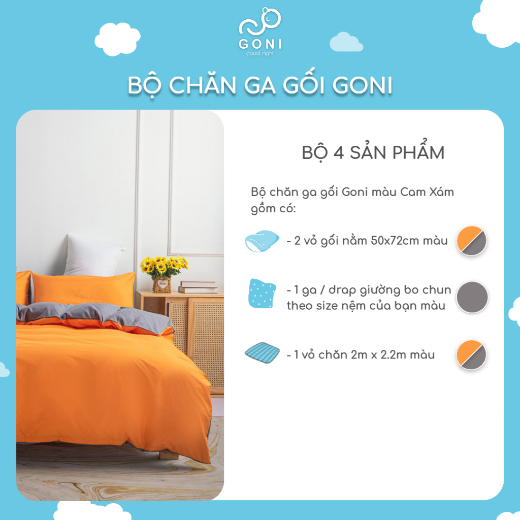 Bộ Chăn Ga Gối Cotton Tici GONI Drap Giường Phối Màu Cam Xám Đủ Kích Thước Trải Nệm Không Kèm Ruột