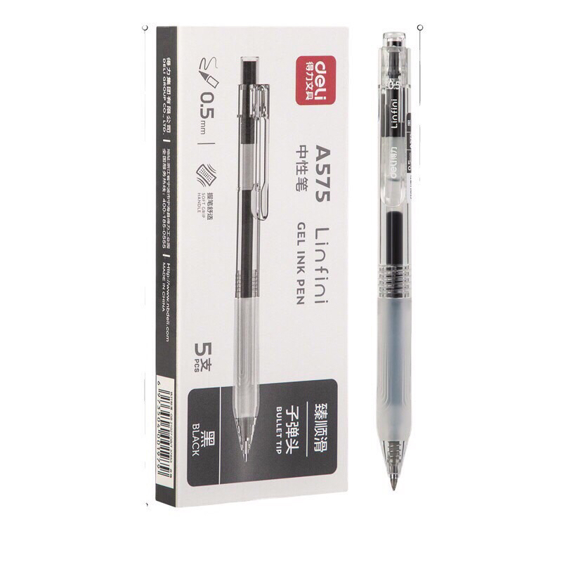Bút Deli A575 - Mực đen ngòi 0.5mm Vỏ trong suốt