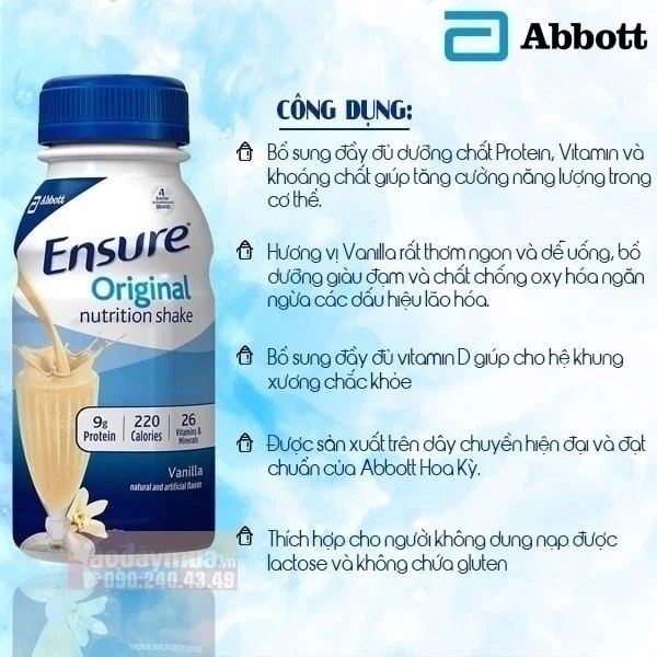 Sữa Ensure nước hương Vani Ensure Original Vanilla 237ml Thùng 30 chai