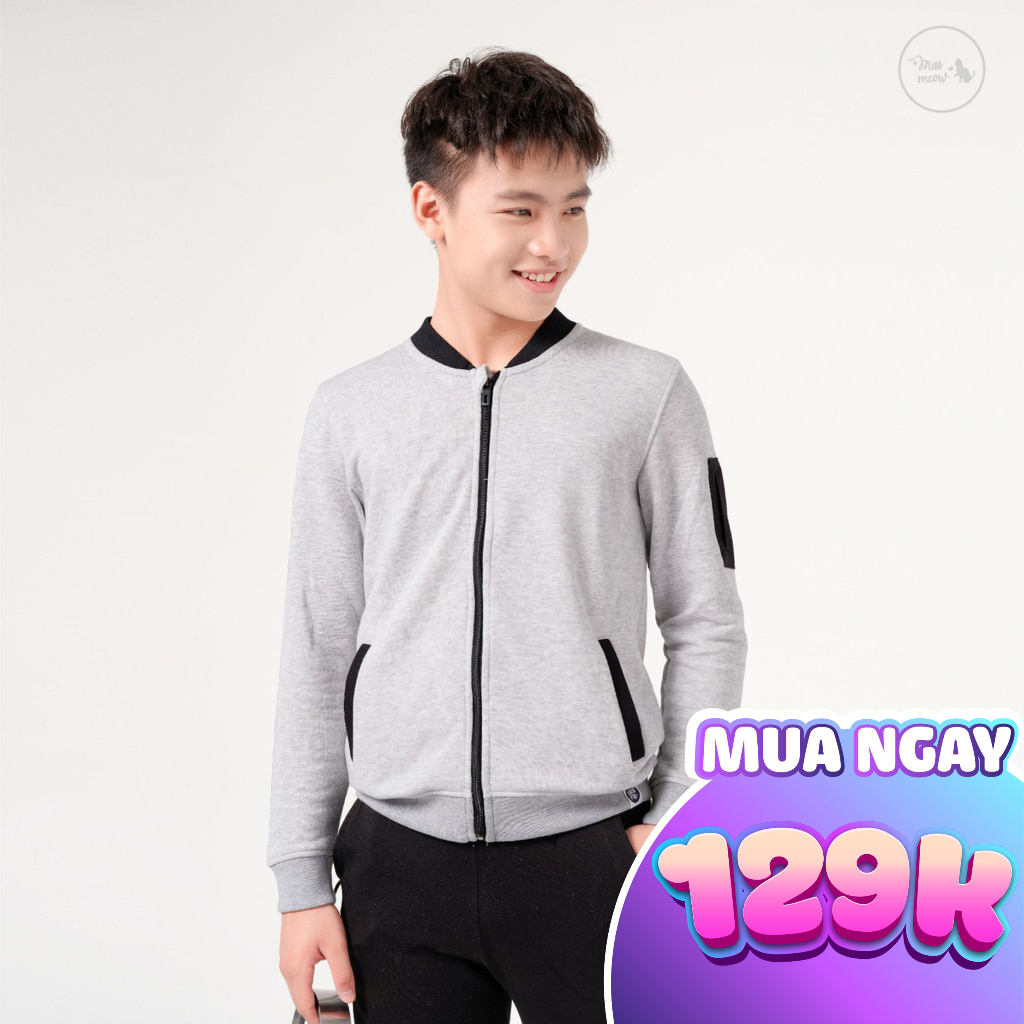 Áo bé trai BIGFOX - MISS MEOW thu đông, áo nỉ cho bé dài tay size đại màu tàn phối đen 12-15