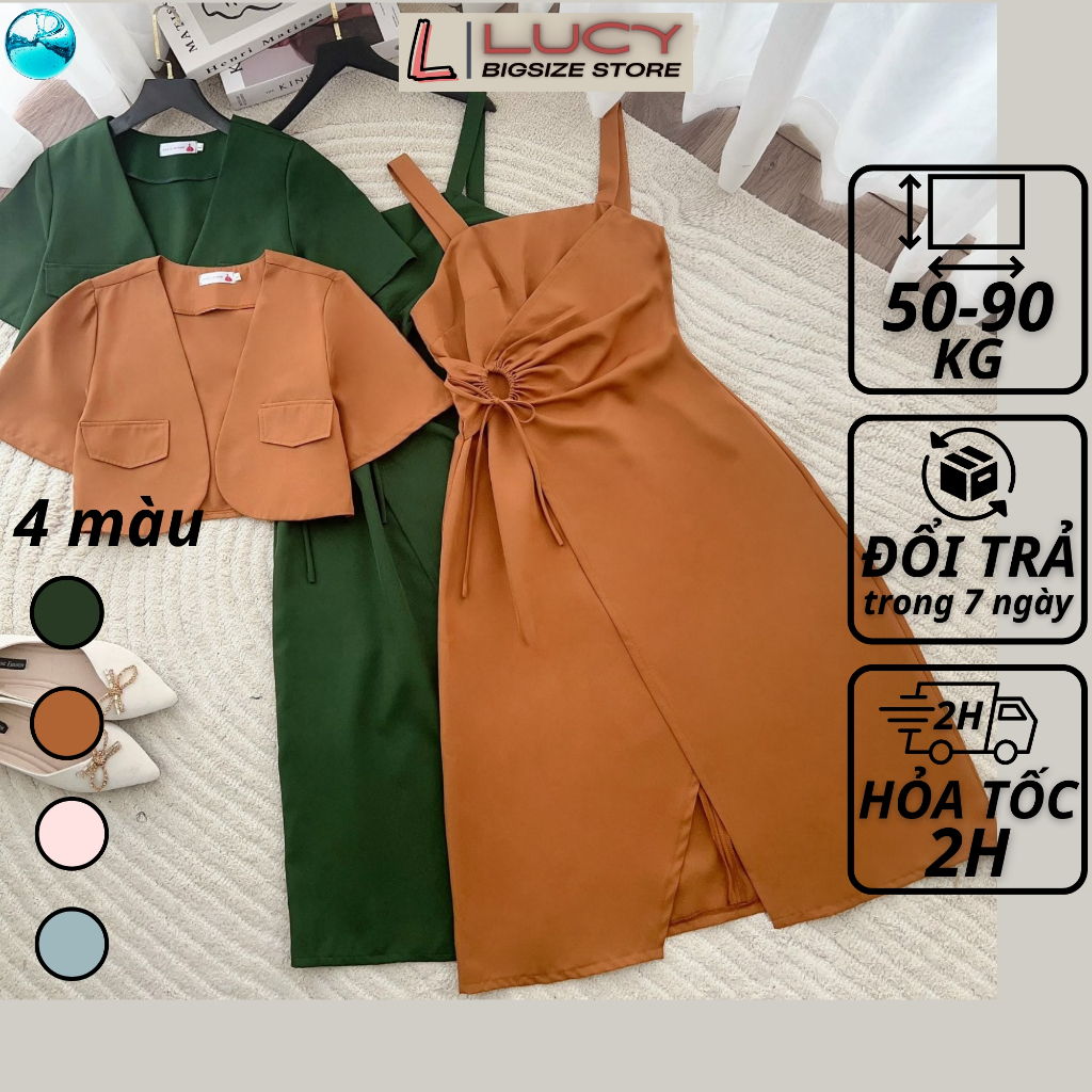 Váy đầm bigsize nữ dự tiệc đi chơi kiểu xoắn eo kèm áo khoác LUCY 50 - 90 kg