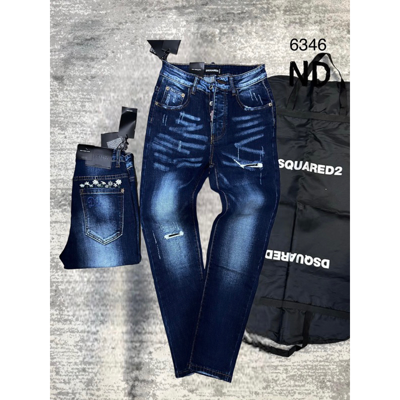 Quần jean xanh dsq2 thêu chữ D2 hoa cúc túi quần,quần bò xanh dsq2 rách nhẹ 4 khuy