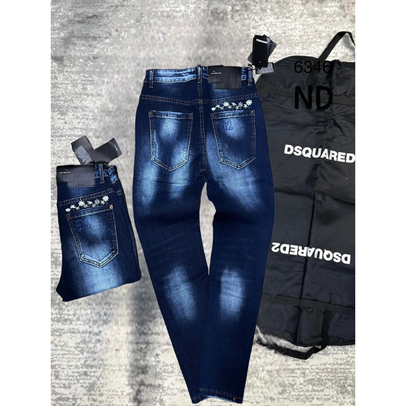 Quần jean xanh dsq2 thêu chữ D2 hoa cúc túi quần,quần bò xanh dsq2 rách nhẹ 4 khuy