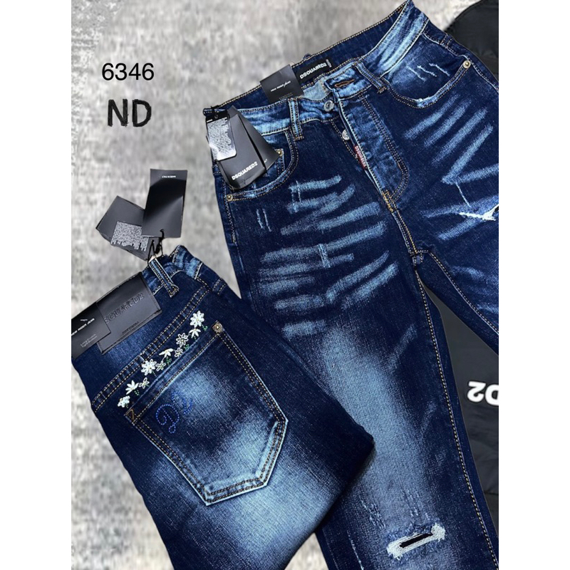 Quần jean xanh dsq2 thêu chữ D2 hoa cúc túi quần,quần bò xanh dsq2 rách nhẹ 4 khuy