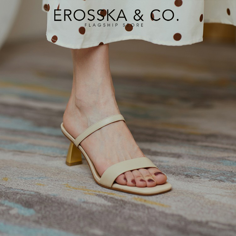 Erosska - Dép cao gót quai ngang hở mũi sang trọng màu kem cao 7cm - EM1O9