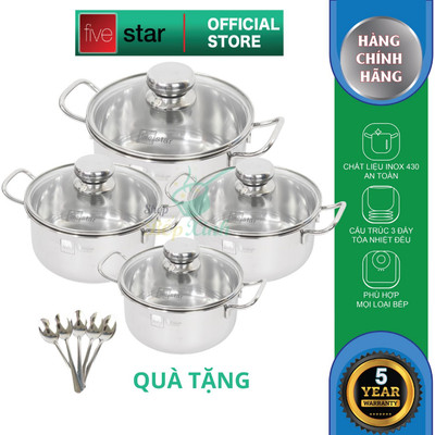 Bộ nồi inox 430 cao cấp Fivestar Standard nắp kính ,3 đáy dùng được mọi bếp , tặng 5 muỗng